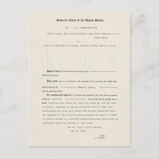 Cartão Postal Court Case Brown contra Conselho de Educação de To (Frente)