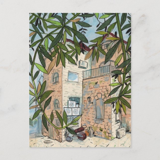 Cartão Postal Courtyard em Haifa Israel Cityscape Collage Sketch (Frente)