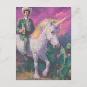 Cartão Postal Cowboy cavalga um Unicórnio no Deserto do Céu Roxo