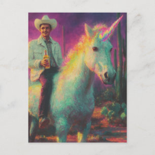 Cartão Postal Cowboy cavalga Unicórnio na Arte Surreal do Desert