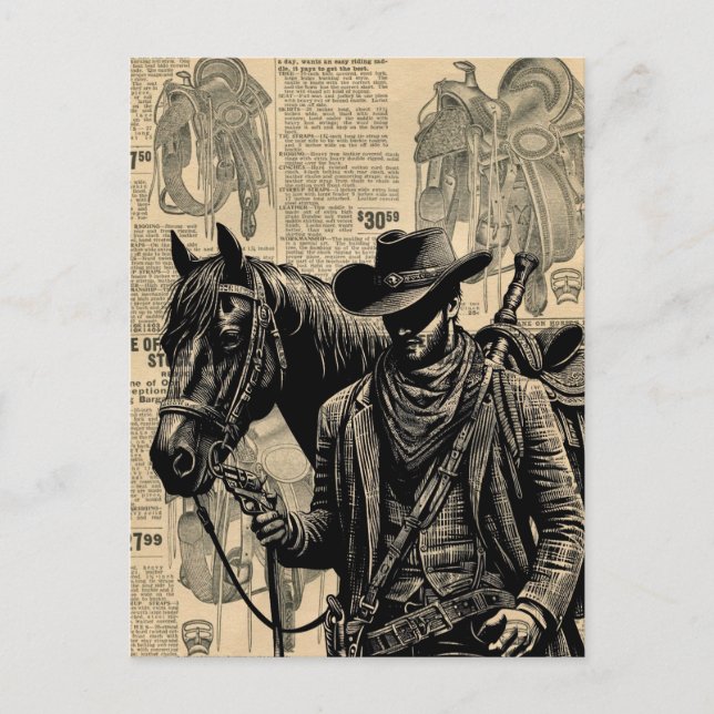 Cartão Postal Cowboy com selas de cavalo com arte ocidental (Frente)