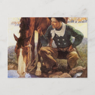 Cartão Postal Cowboy Cuidando de Seu Cavalo pelo NC Wyeth, Vinta