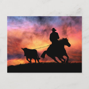 Cartão Postal Cowboy Horse e Steer Roping no Sunset