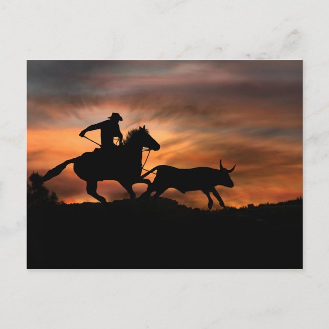 Cartão Postal Cowboy Horse e Steer Southwestern Sunset Rodeo (Frente)