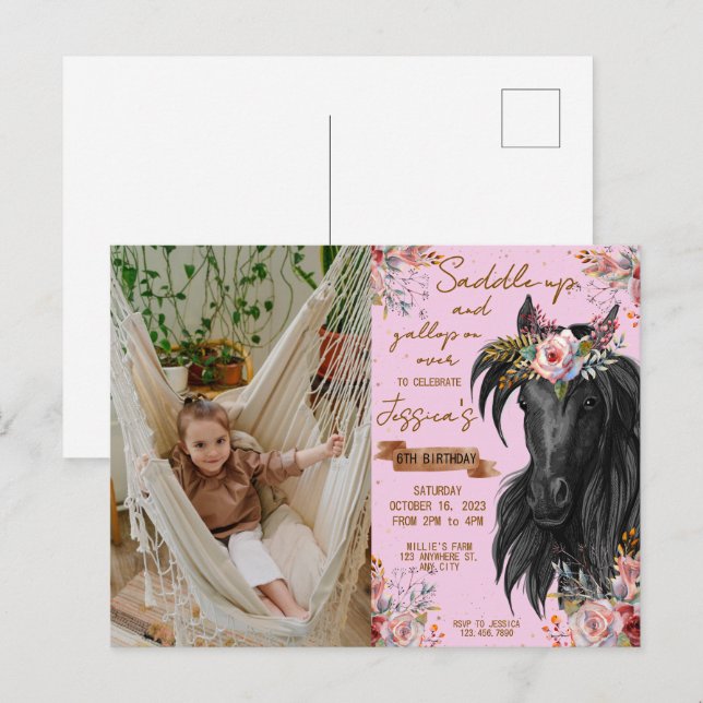 Cartão Postal Cowgirl de aniversário de cavalos de Watercolor (Frente/Verso)