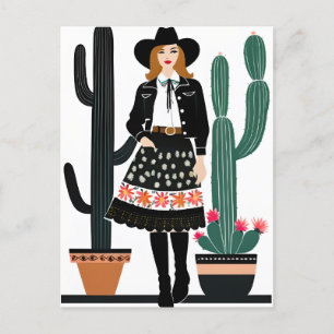 Cartão Postal Cowgirl e Plantas de Cactus Potados