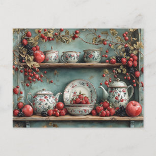 Cartão Postal Cozinha-branca Pratos-pratos Morangos Maçãs