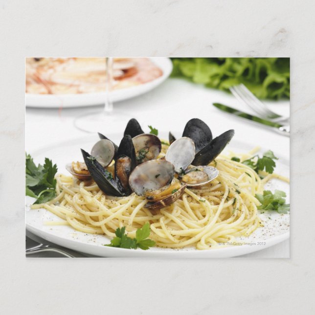 Cartão Postal Cozinha italiana. Espaguete alle vongole. (Frente)
