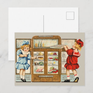 Cartão Postal Cozinha Retro Americana com Anúncio de Duas Menina