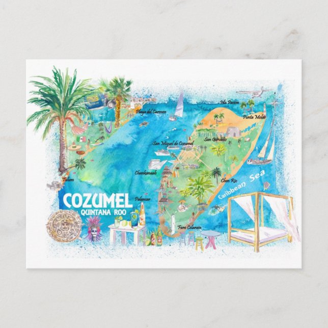Cartão Postal Cozumel Quintana Roo México Ilustra Mapa de Viagem (Frente)