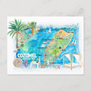 Cartão Postal Cozumel Quintana Roo México Ilustra Mapa de Viagem