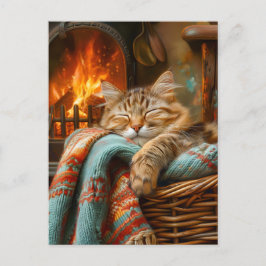 Cartão Postal Cozy Cat Sleeping in Basket by Warm Fireplace