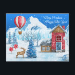 Cartão Postal Cozy Cottage In Winter Wonderland<br><div class="desc">Gorgeous illustration of a deer in the snow near a cozy little cottage in a magical winter landscape,  with a hot air balloon in the icy blue sky.</div>