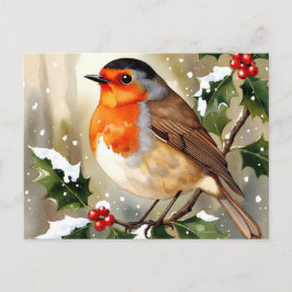 Cartão Postal Cozy Robin Christmas Watercolor Illustration