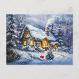 Cartão Postal Cozy Winter Cotage com Árvore de Natal