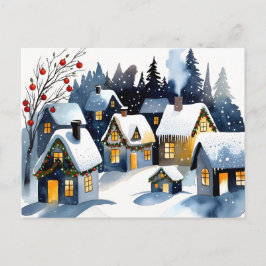Cartão Postal Cozy Winter Village Watercolor Christmas Postcard