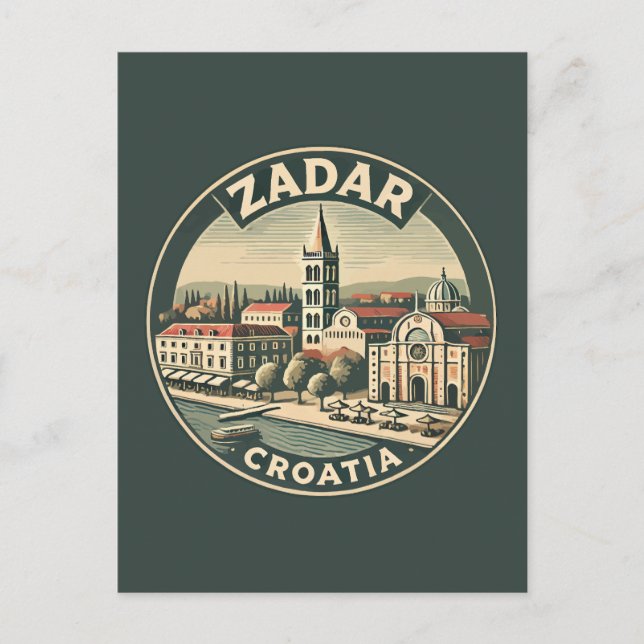 Cartão Postal Crachá de Arte Viagem da Ilustração Zadar Croácia (Frente)