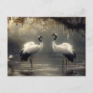 Cartão Postal Crane Pair em um Misty Marsh