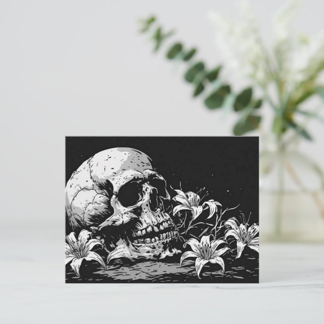 Cartão Postal Cráneo com Flores em Estilo Gráfico Preto e Branco (Em pé/Frente)