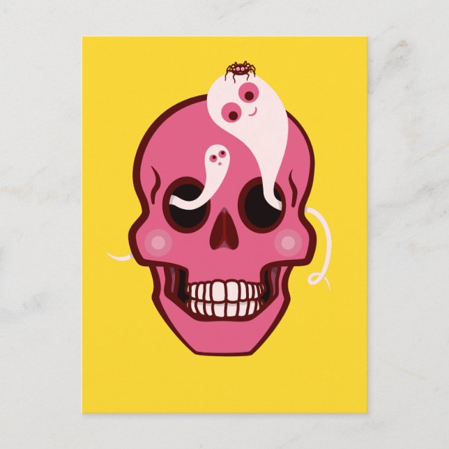 Cartão Postal Crânio Cortado Com Aranha E Fantasmas Nos Soquetes (Frente)