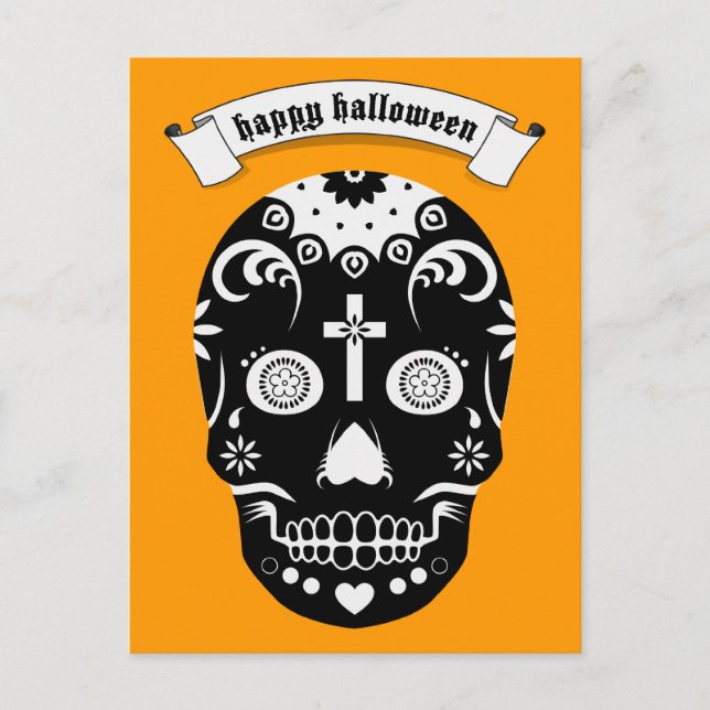 Cartão Postal crânio de açúcar de halloween feliz (Frente)