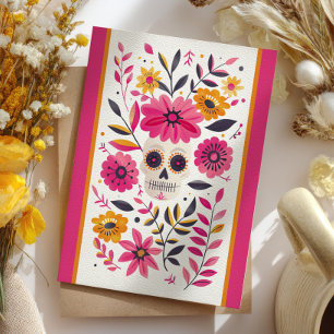 Cartão Postal Cranio de Açúcar Fuchsia Flores Mexicanas Cinco de