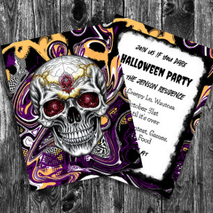 Cartão Postal Cranio de Açúcar Preto e Roxo no Halloween