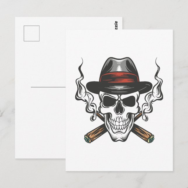 Cartão Postal Crânio de gângster com chapéu fedora (Frente/Verso)