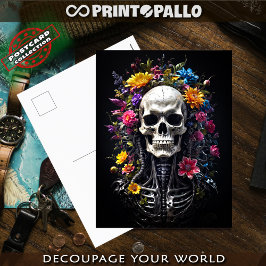 Cartão Postal Cranio de terror e esqueleto com flores