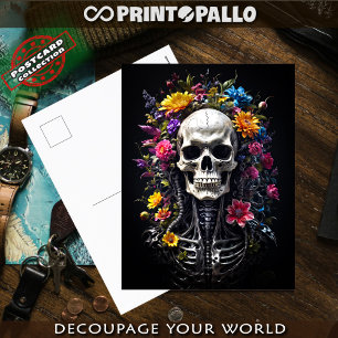 Cartão Postal Cranio de terror e esqueleto com flores