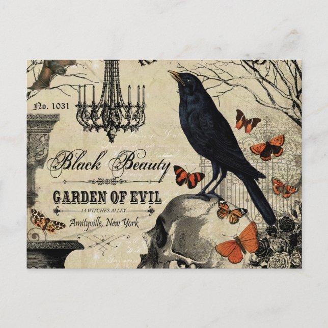 Cartão Postal crânio e corvo de halloween (Frente)