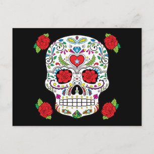 Cartão Postal Crânio e Rosas vermelhas de Açúcar da Tatuagem