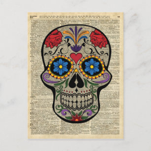 Cartão Postal Crânio Feliz,Crânio de Açúcar,Halloween,Arte Dicio
