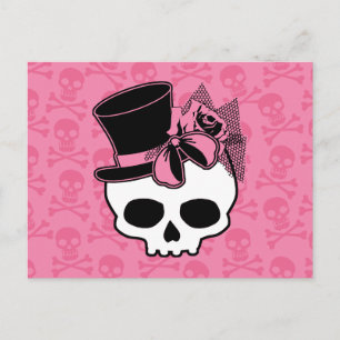 Cartão Postal Crânio feminino com chapéu e Arco rosa