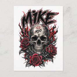 Cartão Postal Crânio Gótico Mike com Rosas Vermelhas e Chamas