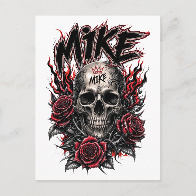 Cartão Postal Crânio Gótico Mike com Rosas Vermelhas e Chamas (Frente)