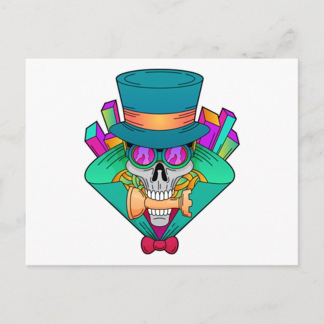 Cartão Postal Crânio jogando xadrez com a peça Torre (Frente)