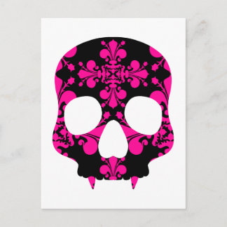 Cartão Postal Crânio roxo, gótico punk, cor-de-rosa-quente e pre