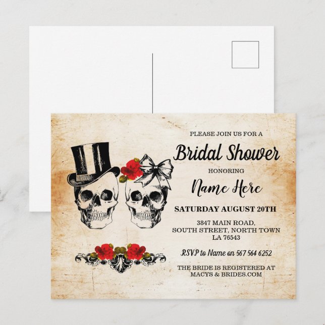 Cartão Postal Crânios de Rosas para Chá de Noiva com Laço Rústic (Frente/Verso)