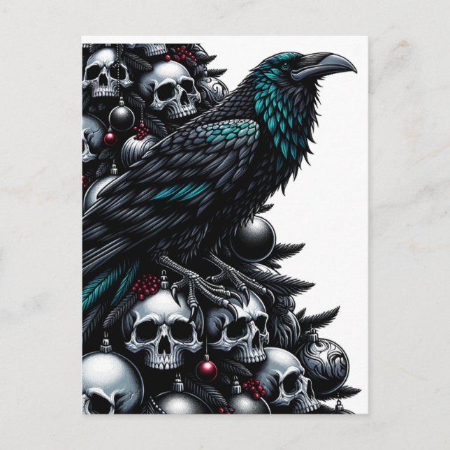 Cartão Postal Crânios Góticos e Árvores de Natal Raven (Frente)