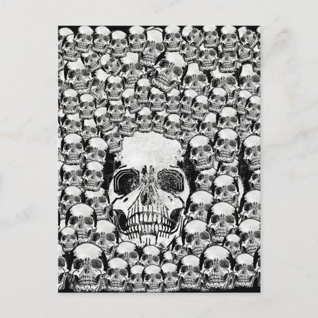CARTÃO POSTAL CRÂNIOS PAREDE MORTE MORTOS ESQUELETO PRETO BRANCO (Frente)