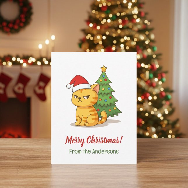 Cartão Postal Cranky Tabby Cat Red Hat Christmas Tree (Criador carregado)