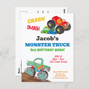 Cartão Postal Crash Smash Monster Truck Birthday Bash Watercolor