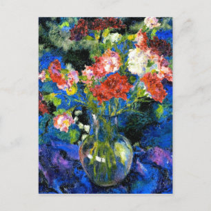 Cartão Postal Cravos num Vaso de Vidro Redondo