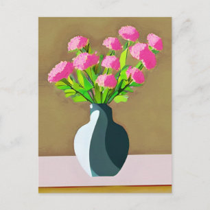 Cartão Postal Cravos Rosa em um Vaso de Arte Moderna