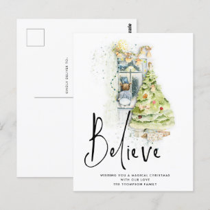 Cartão Postal Crê na Janela Criança de Script da Véspera de Nata