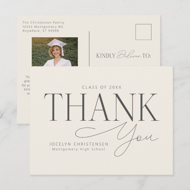 Cartão Postal Cream Gray Elegant Modern Graduation Thank You (Frente/Verso)