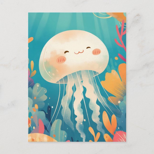 Cartão Postal Cream Jellyfish in Teal Tropical Coral Reef Ocean (Frente)