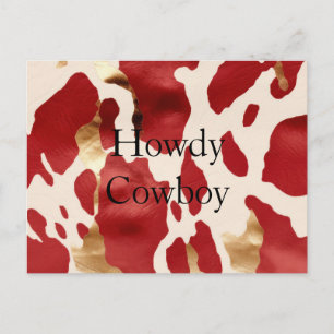 Cartão Postal Cream Red Dourado Western Cowhide Howdy