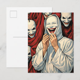 Cartão Postal Creepy Grinning Masked Cult Figures Horror Pop Art